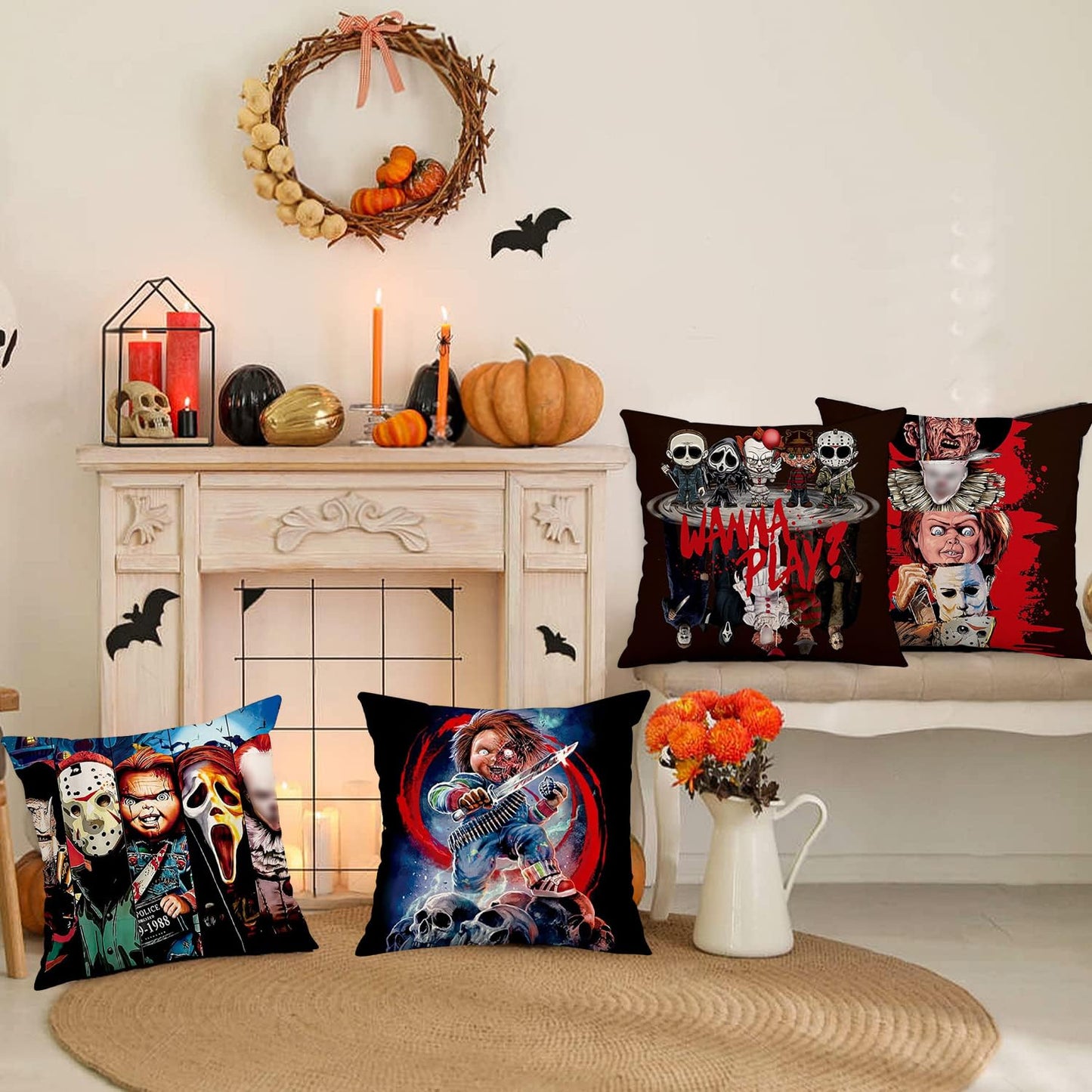 Generic Set of 4 Linen Throw Pillow Covers Halloween Pillow Case Horror Movie Character Halloween Pillow Covers Funny Holiday Home Decoration for Sofa Couch Bed Living Room Car Bedroom Bar Cafes