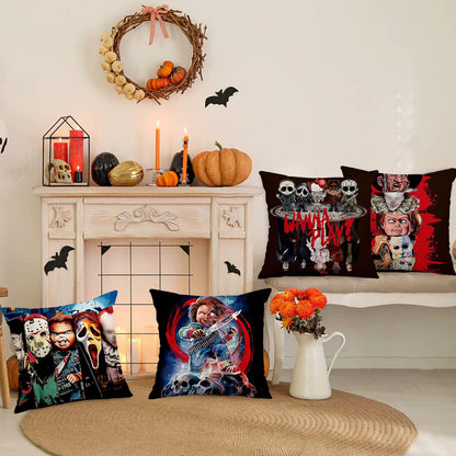 Generic Set of 4 Linen Throw Pillow Covers Halloween Pillow Case Horror Movie Character Halloween Pillow Covers Funny Holiday Home Decoration for Sofa Couch Bed Living Room Car Bedroom Bar Cafes