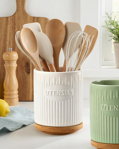 QINSDESIGNS 360° Rotating Utensil Holder, 7.6" Large Ceramic Kitchen Utensil Holder for Countertop with Rotatable Bamboo Base, Stable Cooking Utensil Crock, Farmhouse kitchen Decor, White
