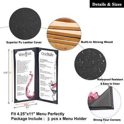 3 Packs of 4.25 x 11 inches Leather Menu Covers with Strong Wood Inside, 2 View Leather Menu Holder Book Style Double Fold Panel for Restaurant Coffee Bars Cocktail（4.25”x11” /2 Views/3 Pcs）