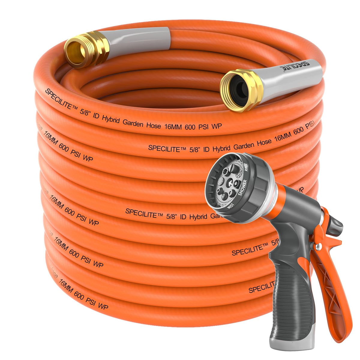SPECILITE Garden Hose 50 ft x 5/8 in Heavy Duty, Flexible and Lightweight Water Hose, Burst 600 psi, Kink-less Hybrid Rubber Hose for Backyard, 3/4'' Brass Fittings
