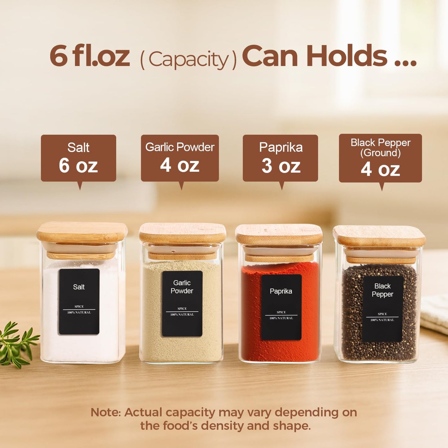 ComSaf 16Pcs Glass Spice Jars with Bamboo Lid, 4oz Airtight Square Spice Containers with 275 Black Lables, Empty Seasoning Jars for Spice Salt Sugar