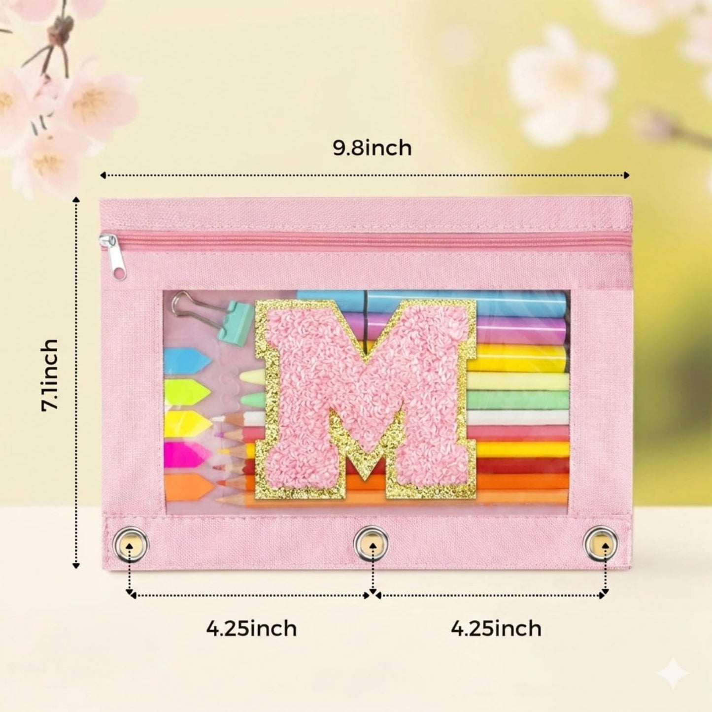 TOPWOOZU Personalized Pencil Pouch for 3 Ring Binder,Initial M Stationery Bag with Clear Window, Large Capacity Oxford Cloth Binder Pouches for Girls School Art Supplies, Pink 2 Pack