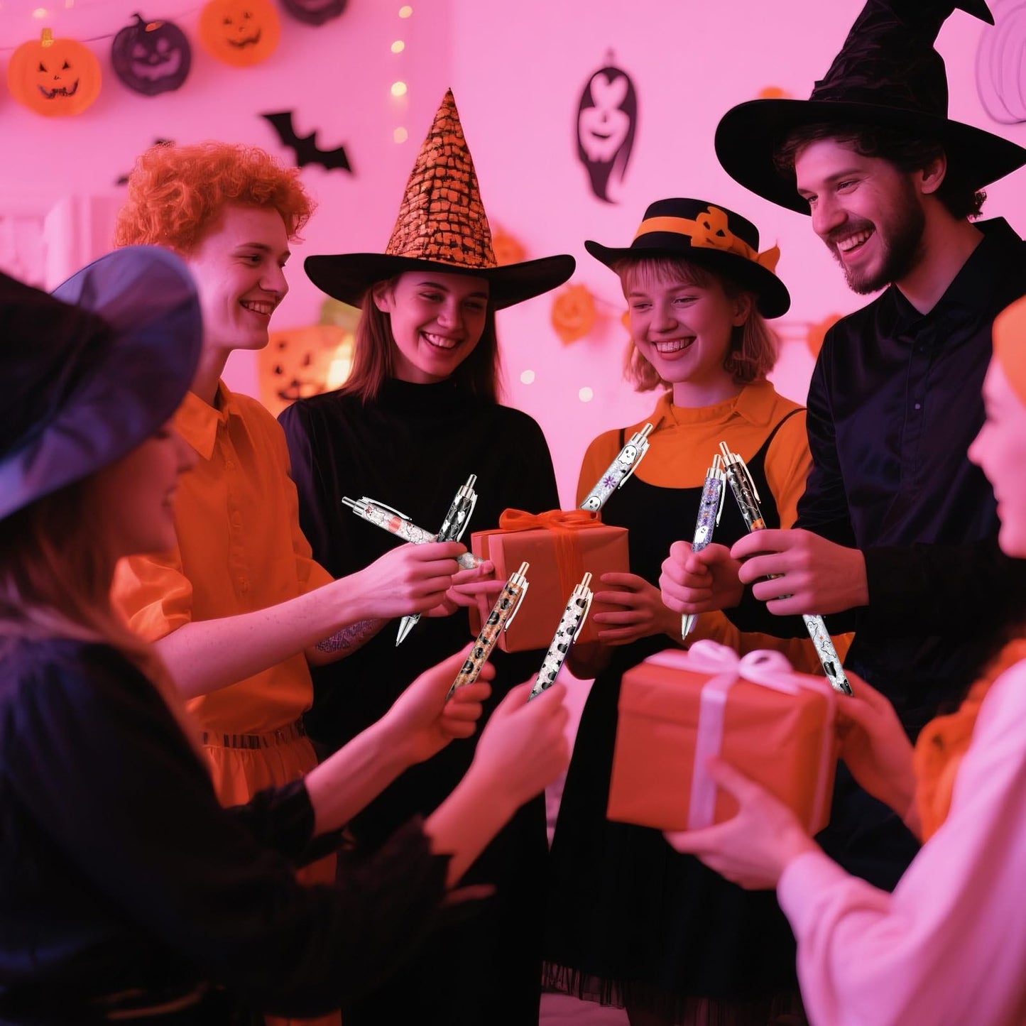 Motipuns 50 Pcs Halloween Pens Bulk Pink Ghost Ballpoint Pens Spooky Cartoon Cute Ghost Bat Halloween Holiday Gifts for Home Office School Writing Stationery Supplies