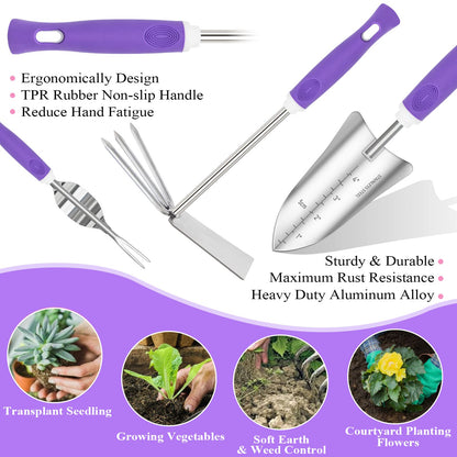 HLWDFLZ Purple Garden Tool Set Gardening Items for Women - 11PCS Heavy Duty Garden Tools with Detachable Storage Bag, Weeder, Dual-Purpose Hoe