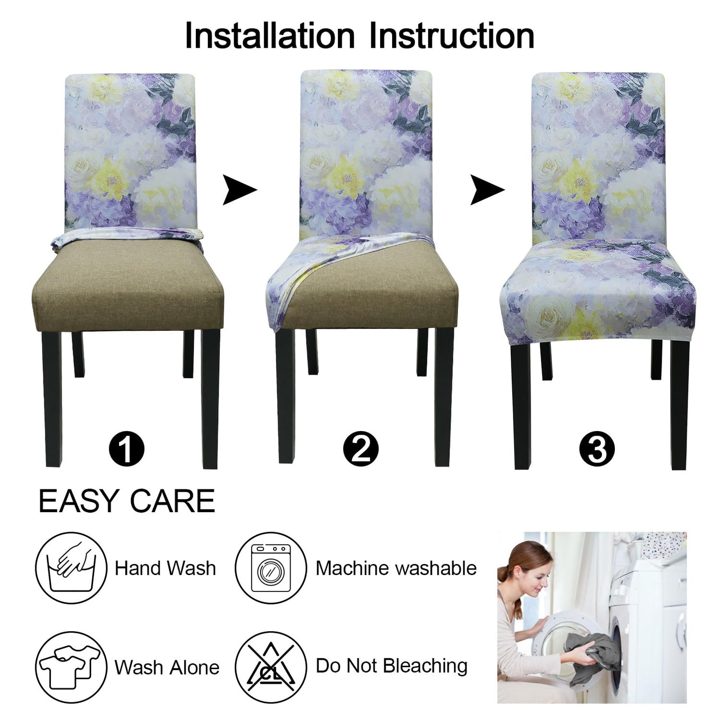 JQinHome Pattern Chair Covers for Dining Room Set of 4, High Stretch Removable Washable Parsons Chair Slipcover for Home Party Hotel Wedding Ceremony (Light Purple Flowers,4PCS)