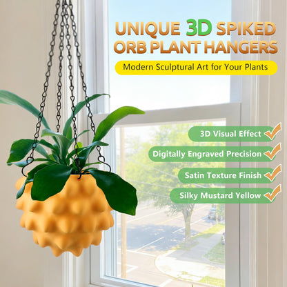 Enhon 6 Inch Hanging Planters for Indoor Plants, Unique Hanging Pots for Plants with Drainage and Hanger Baskets Hangers, Spiked Orb Plant Hanger, Matte Mustard Yellow