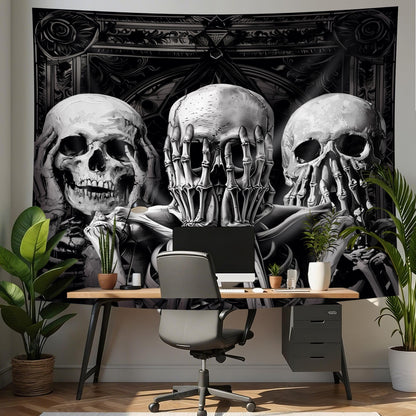 Mitpok Gothic Skull Tapestry Large Spooky Black Skeleton Goth Witchy Vinatge Funny Hilarious Cool Unique Wall Decor 71Hx91W Inch Halloween Wall Art Hanging Bedroom Living Room Dorm Wall Home Decor