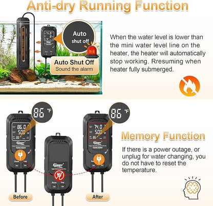 hygger Aquarium Heater, 400W/800W Adjustable Power Fish Tank Heater with Digital Display External Controller, Automatic Power-Off Protection Heater for 80-132 Gallons Freshwater and Saltwater Tank