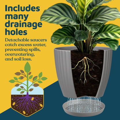 Gray 6-Inch Plant Pots with Drainage & Saucers 6 Pack, Indoor & Outdoor Planters for Houseplants, Herbs, and Flowers, Durable & Weatherproof Material, Stackable, Lightweight, Minimalist Design