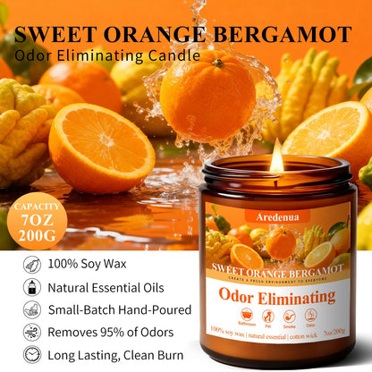 Aredenua Sweet Orange Bergamot Odor Eliminating Candle | Eliminates 95% of Pet, Smoke & Bathroom Odors | 7oz Hand Poured Non-Toxic Soy Candle | Air Freshening Scented Candle for Positive & Relaxation