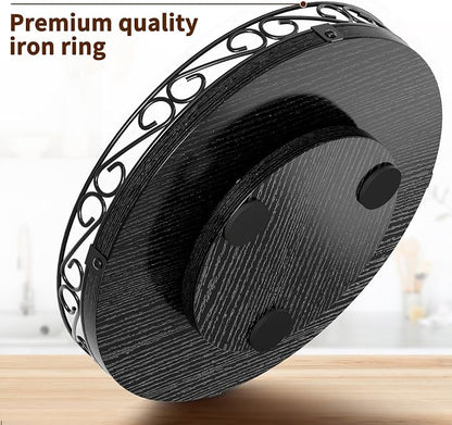 Yoobure 10" Lazy Susan Turntable for Cabinet - Farmhouse Wooden Round Tray for Table Top, 360° Rotating Lazy Susans Counter Organizer with Patterned Raised Edge for Kitchen Dining Table Decor, Black