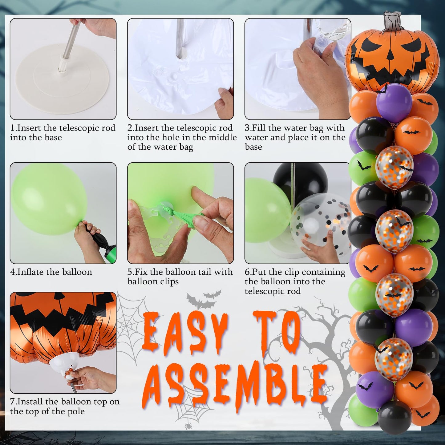 2 Sets Halloween Balloon Column Stand Kit 3.3 X 6.6 ft Photo Backdrop With Ghost Pumpkin Balloon Black Orange Purple Green Balloons with Bases for Halloween Day Theme Party Decorations