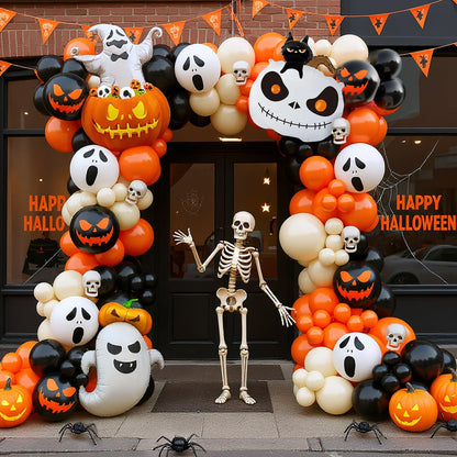 AobkDeco 152pcs Halloween Balloon Arch Kit - Orange, Lvory White & Black Balloons with Pumpkin, Ghost & Black Cat Foil Balloons for Halloween Party Decoration