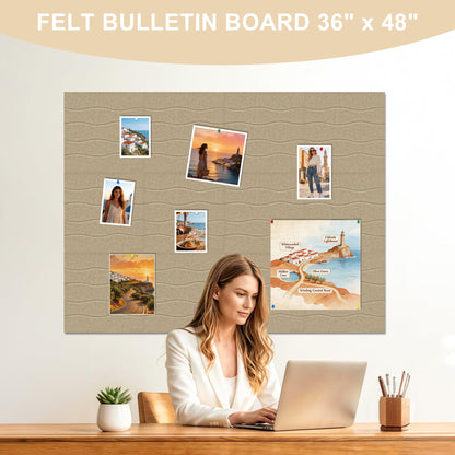 AKONEGE Felt Bulletin Board Tiles 12 Pack, 48" x 36" Cork Board Alternative, DIY Pin Board Wall Tiles for Photo Wall, Vision Board, Room & Home Office Decor, Stick-On with Adhesive Tabs, Deep Camel