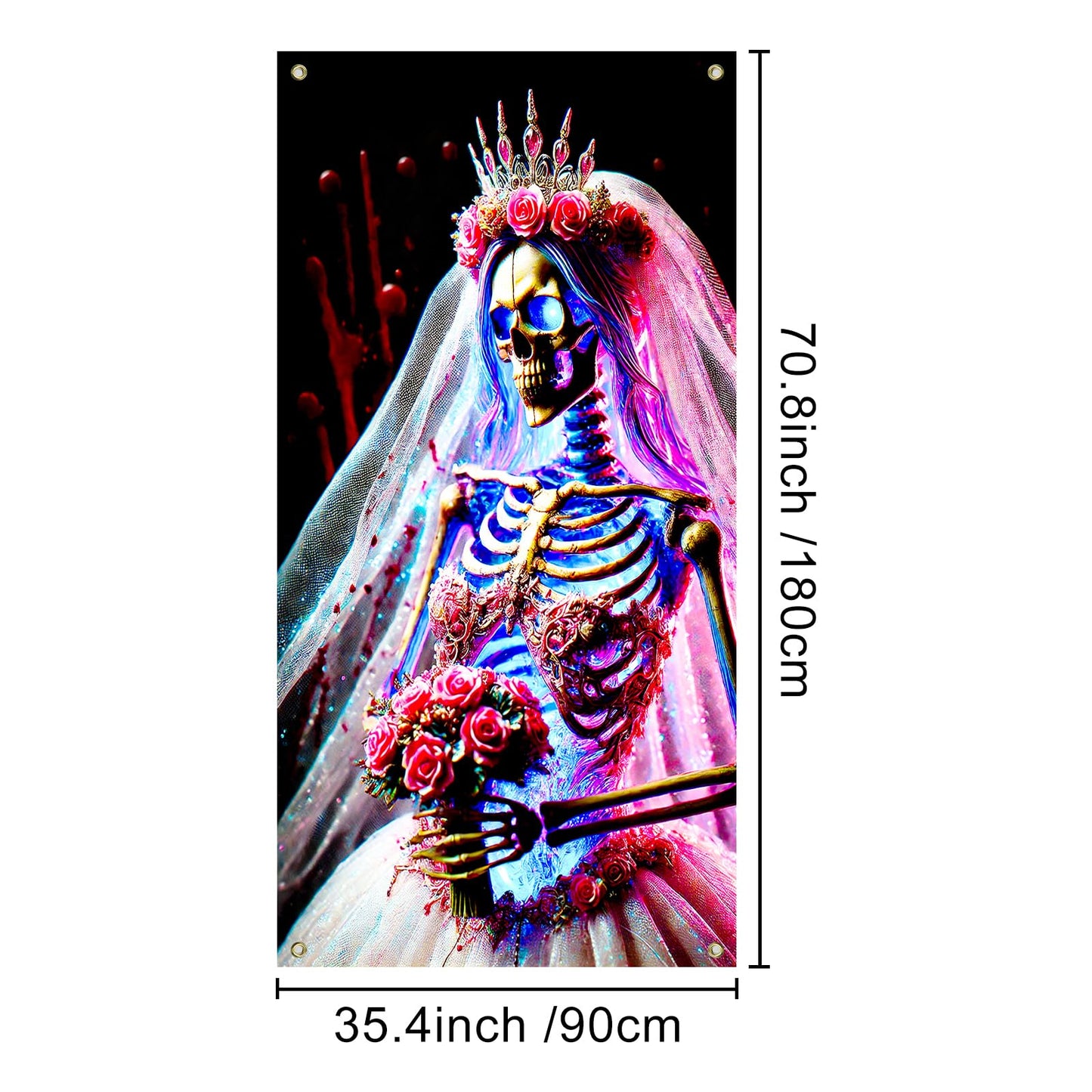 IVN Gothic Bride Skeleton Door Cover 35x71 Inch Dark Wedding Skull Crown Veil Rose Flowers Horror Blood Splatter Backdrop Halloween Front Door Decor Creepy Bridal Banner Scary Party Decoration