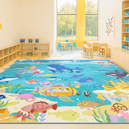 Ocean Themed Rug for Kids Room – 6x9 Blue Rug for Kids Room, Sea Creatures & Mermaid, Fish, Washable Non Slip Soft Carpet for Classroom, Bedroom or Playroom