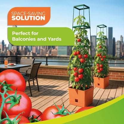 BioGreen 2 Pack Garden Tomato Planter MAXITOM, with Plant Support Trellis 59 inch and Self Watering, 4,2 Gal Planter Box for Climbing Vegetables Plants, Terracotta