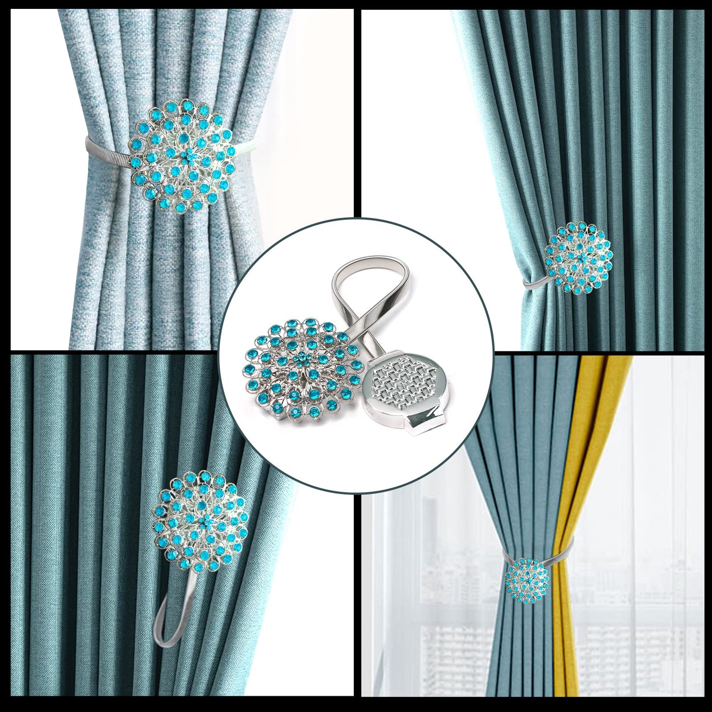 4 Packs Curtain Magnetic Buckle Spring Window Decoration Curtain Tie Rope for Home Office Decoration (Peacock Blue)