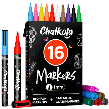 Chalkola Extra Fine Tip Chalk Markers for Blackboard & Glass (Pack of 16, 1mm Point) | Window Marker, Liquid Chalk Pens for Acrylic Dry Erase Board, Mirror, Car | Thin Chalkboard Markers Erasable