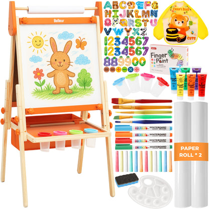 Belleur All-in-One Art Easel for Kids, Adjustable Double Sided Easel for Toddlers with Magnetic Whiteboard & Dry-Erase Chalk Board & Paper Roll, Child Painting Easel for Kid 2-8 Birthday Gift-Orange