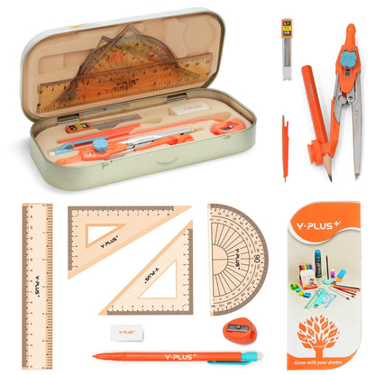 YPLUS Geometry Set for Students, Compass Drawing Tool with Metal Case, Math Protractor with Protractor, Rulers, Metal Compass, Mechanical Pencil - 12 Pcs, Back to School Supplies for Students