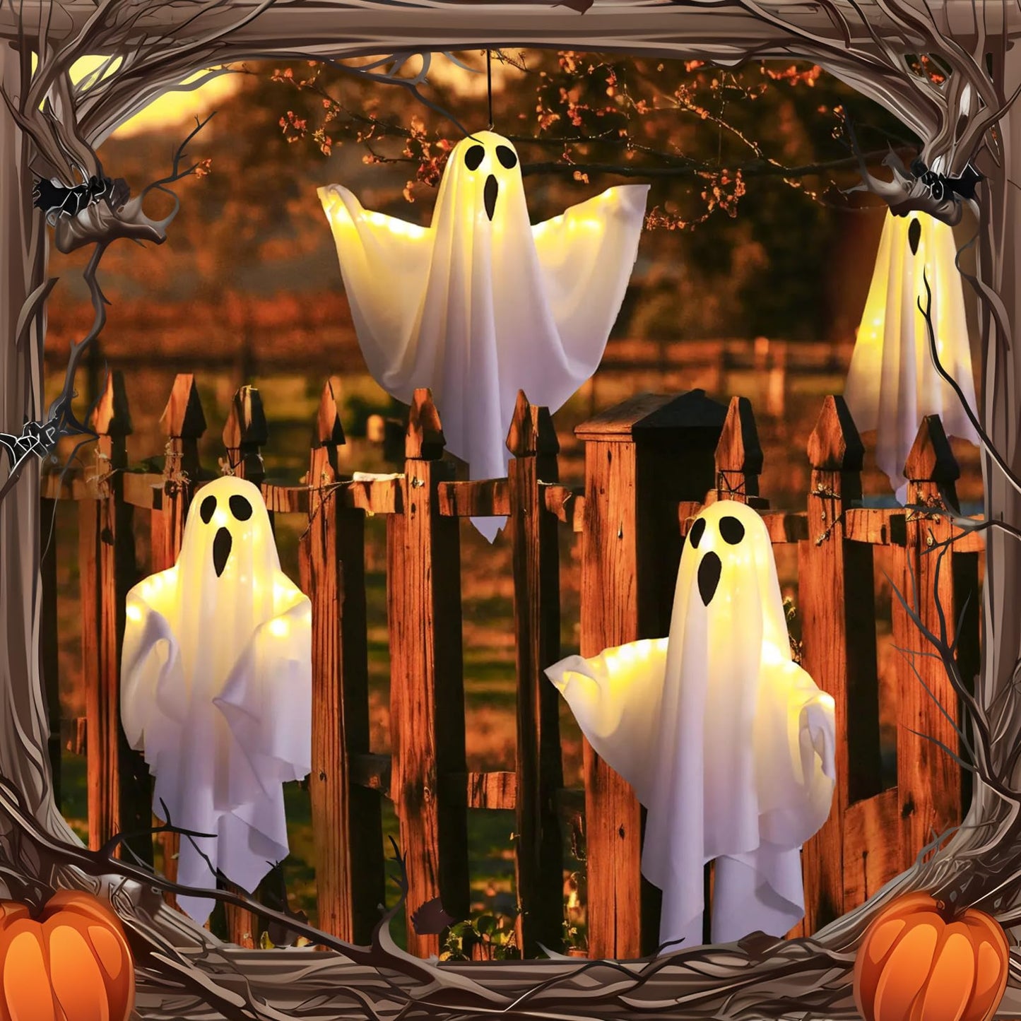 2Packs Ghost Lights - Halloween Decor, Yard Decorations for Parties & Gardens (White)