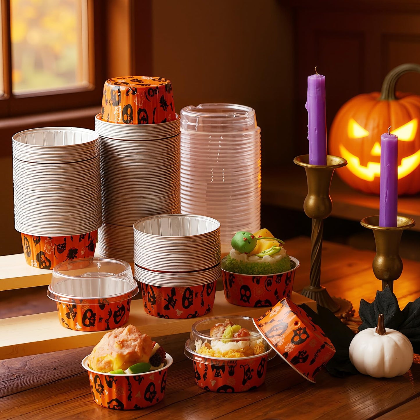 Gandeer 200 Pack Halloween Cupcake Baking Cups with Lids, Aluminum Foil 5 oz Round Cupcake Liners, Disposable Cake Pans, Mini Dessert Containers Flan Mold for Halloween Spooky Party