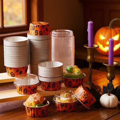 Gandeer 200 Pack Halloween Cupcake Baking Cups with Lids, Aluminum Foil 5 oz Round Cupcake Liners, Disposable Cake Pans, Mini Dessert Containers Flan Mold for Halloween Spooky Party