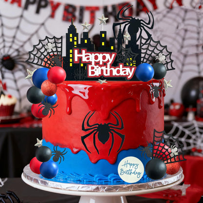 Tyotrbs 44PCS Spider Cake Topper Spider Web Cake Decoration Spiders Theme Cake Decor Happy Birthday Toppers Stars Red Blue Balls Cupcake Topper for Boys Men Baby Shower Hero Party Supplies