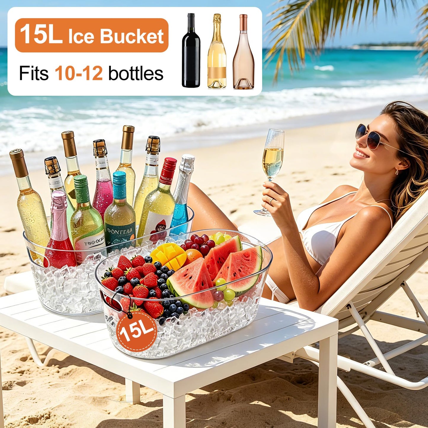 2 PCS Ice Buckets for Parties, 15L Large Ice Bucket, 4 Gallon Clear Acrylic Champagne Wine Buckets with 2 Scoops, Beverage Tub Mimosa Bar Supplies for Champagne, Beer, Cocktail