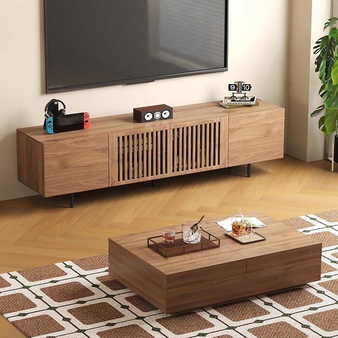 Mid-Century Modern Expandable Coffee Table & TV Stand Set, Walnut Finish – Elegant Storage Combo for Living Room, Bedroom, or Lounge (70.87" TV Stand+Coffee Table)
