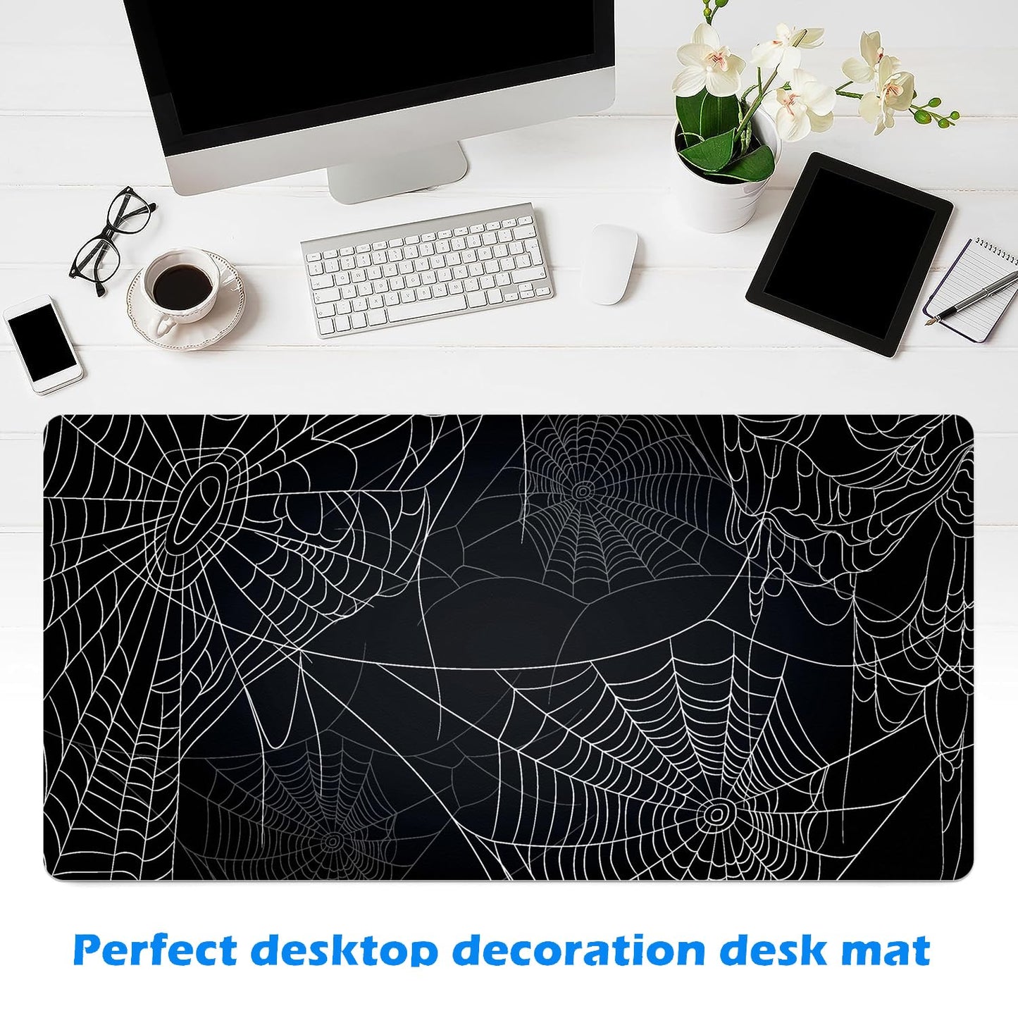 MAYCARI Halloween Cute Spider Webs Mouse Pad Kawaii Cartoon Funny Spirit Extended Desk Mat Non-Slip Rubber Baseb Large Black White Mousepad for Desk Gaming Laptop Desktop 31.5"X15.7"