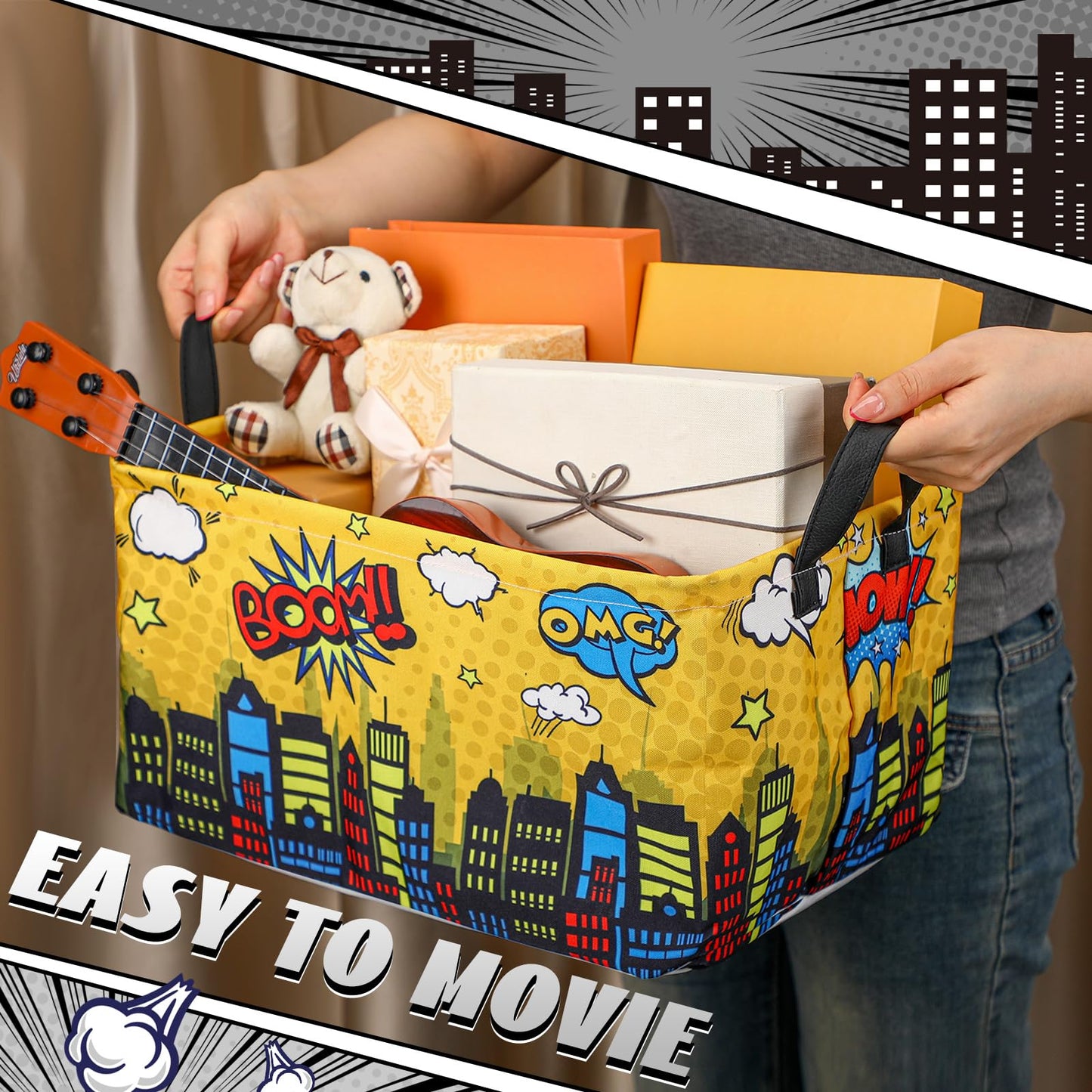 Maxdot 3 Pack Hero Comic Book Storage Themed Basket Large Gifts for Laundry Hamper Basket for Kids Room Nursery Collapsible Toy Clothes Storage Collection Bin(City,Rectangle)