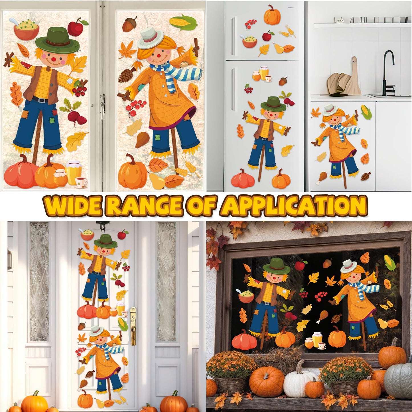 Thanksgiving Fall Window Clings Decorations Extra Large Fall Scarecrow Window Stickers Autumn Leave Pumpkin Glass Windows Decal for Home Office Classroom Decor Thanksgiving Autumn Party Supplies