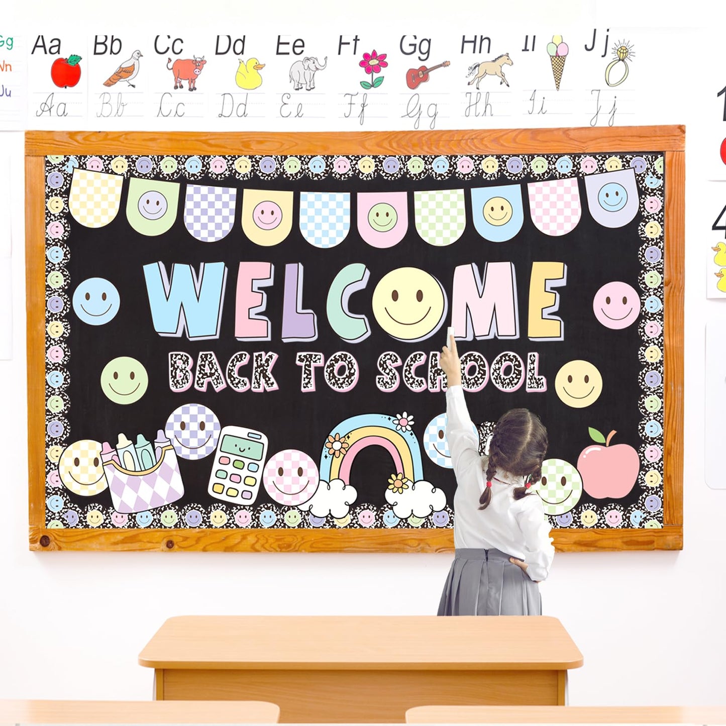 Welcome Back Bulletin Board Decorations Set with Borders Composition Notebook Smile Cutouts Decor for Teachers Back to School Bulletin Board for Class School Classroom Chalkboard Wall Decor