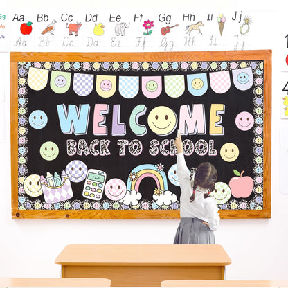 Welcome Back Bulletin Board Decorations Set with Borders Composition Notebook Smile Cutouts Decor for Teachers Back to School Bulletin Board for Class School Classroom Chalkboard Wall Decor