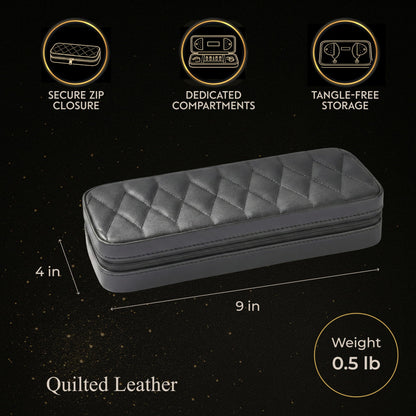 Bey-Berk Diamond-Quilted Leather Travel Jewelry Case, Black, 9" x 4" x 1.75"