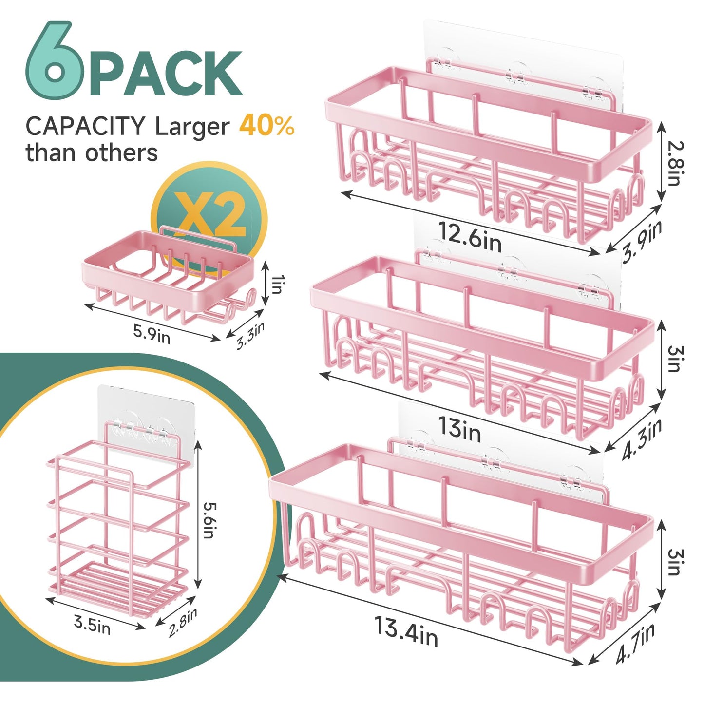 Veken Large Capacity Shower Caddy 6-Pack, No Drilling & Rustproof, Adhesive Shower Shelves with Soap Holder, Bathroom Organizers and Storage, Wall-Mounted Kitchen & Home Decor, Pink