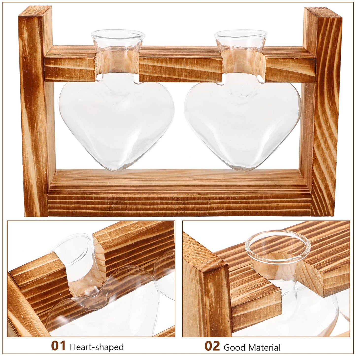 SUPVOX Wooden Stand Glass Heart-Shaped Vase for Indoor Plants, Hydroponic Terrarium Planter, Tabletop Decor Set with 2 Glass Vessels, Suitable for Home and Office