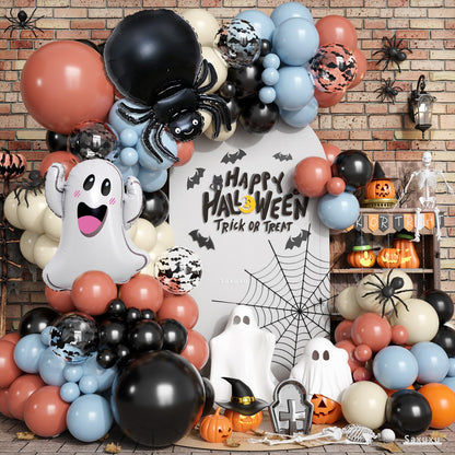 Halloween Balloons Arch Kit, 2025 Halloween Balloon Black Burnt Orange Dusty Blue Latex Balloons Garland with Ghost, Spider, Bat Printed Foil Balloon for Ghost Party Decorations