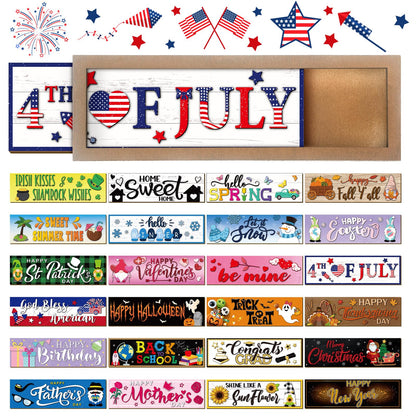 Barydat 25 Pcs 4th of july decorations Interchangeable Seasonal Decor with a Wood Frame Seasonal Wooden Welcome Sign Holiday Table Decor for Independence Day Halloween Christmas Decoration