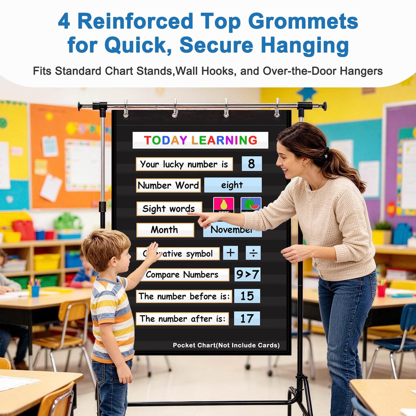 AUVCAS Standard Pocket Chart for Classroom & Homeschool, Heavy Duty Hanging 10-Pocket Chart for Word Wall/Letter Cards/Sentence Strips, Teacher Supplies, 43" H x 28" W, Black