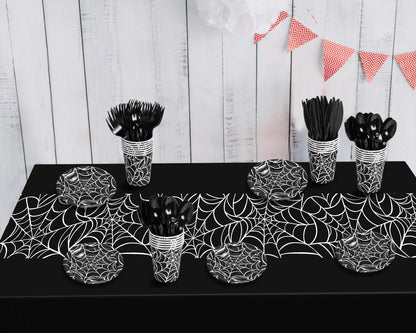 Oudain 162 Pcs Spiderweb Birthday Party Decoration Black White Spider Web Rectangular Tablecloth Disposable Plates Napkins Cups Forks Spoons Knifes Tableware Set for Theme Party Supplies