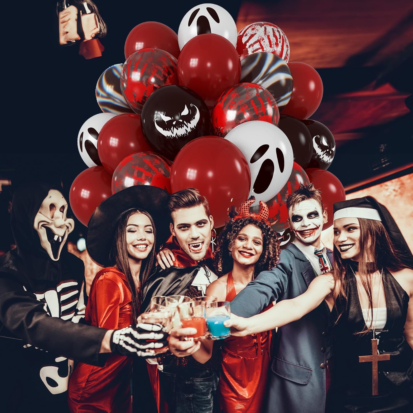 Halloween Bloody Balloons 12 Inch 51 Pcs Red and Black Scary Balloons with Ghost Expression Print Balloon Crimson Vivid Red Blood Hand Marble Balloon for Spooky Haunted House Scream Creepy Decor