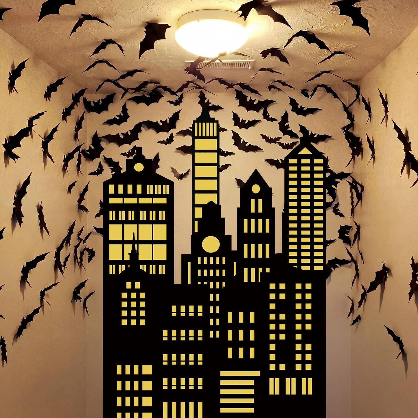 Tingjoo 61 Pcs Bat City Backdrop Photography Background Include 60 Pcs 3D Bats Vampire Wall Decal Stickers Skyscraper City Background for Hero Theme Birthday Party Supplies