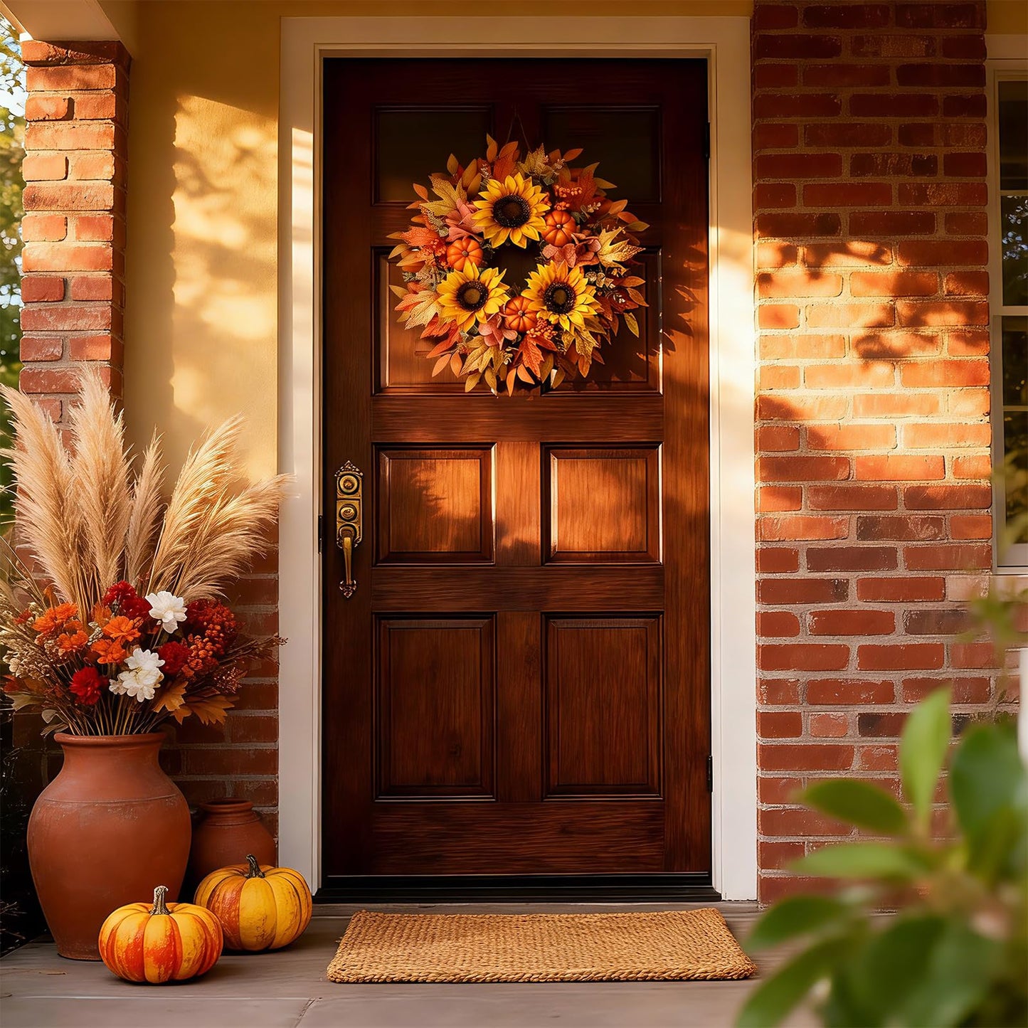 MAINGKAUNG Fall Wreath 22 Inch Fall Wreaths for Front Door with Orange Pumpkins Sunflower Berries Maple Leaf Autumn Wreath for Indoor Outdoor Thanksgiving Harvest Festival Celebrations