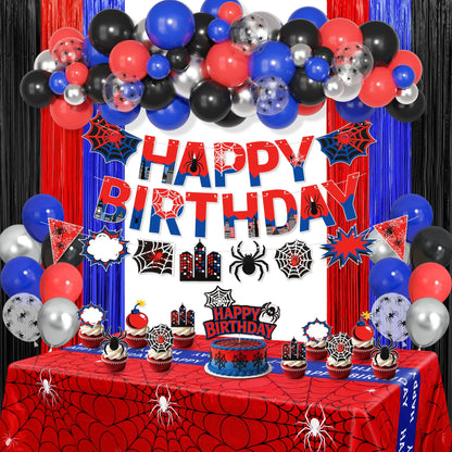 Black Red and Blue Birthday Party Decorations, 67 Pcs Spider Balloons Party Supplies with Table Cloth, Happy Birthday Banner Garland, Foil Fringe Curtains, Spider Cake Topper for Cartoon Shower Theme