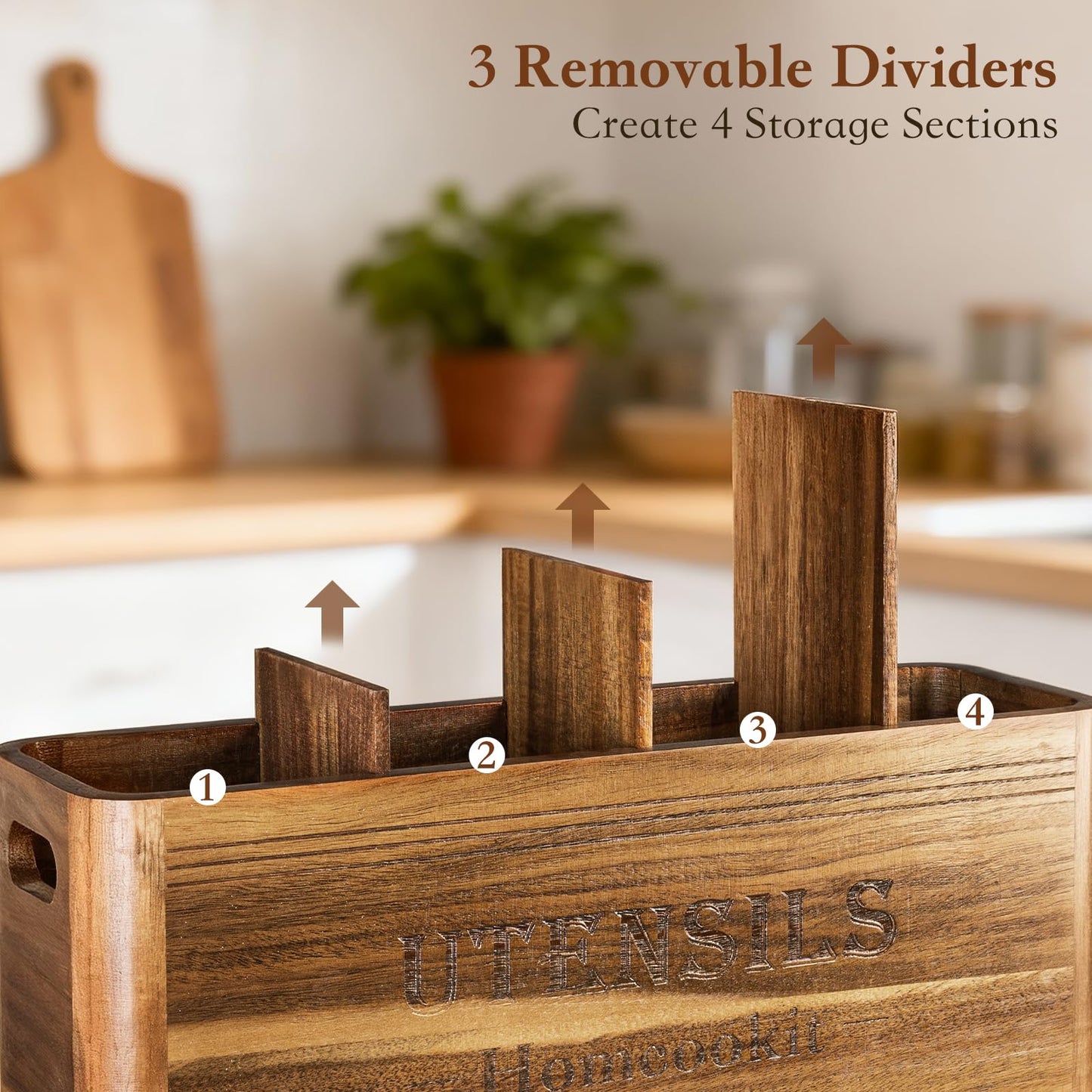 Homcookit Utensil Holder for Kitchen Countertop, Extra Large Acacia Wood Organizer, 4-Compartment Storage for Cooking Tools, Farmhouse-Style Cutlery Holder