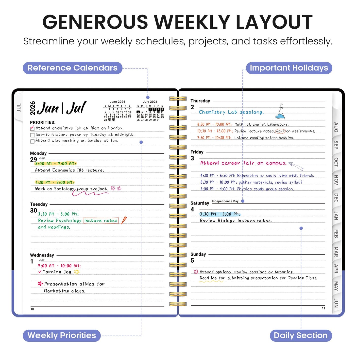 Planner 2026–2027, Weekly & Monthly Academic Organizer for School Year, Jul 2026–Jun 2027, Hardcover Planner with Tabs, Back to School Essential, 6.3" x 8.5", Quiet Meadow